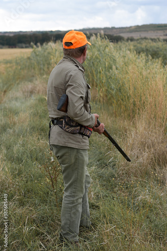 Pheasant hunter with shotgun walking through a meadow. .Rear view of a man with a weapon in his hands.