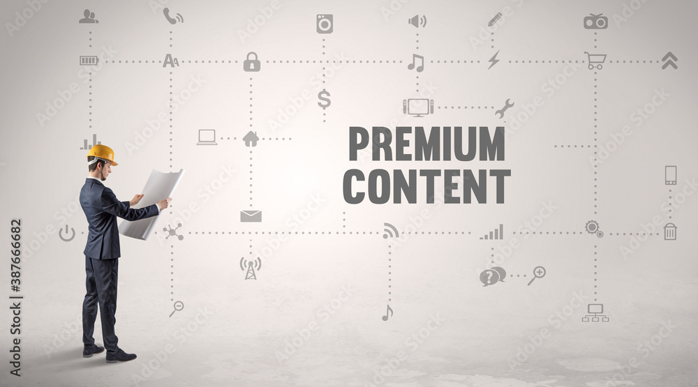 Engineer working on a new social media platform with PREMIUM CONTENT inscription concept Engineer working on a new social media platform with PREMIUM CONTENT inscription concept