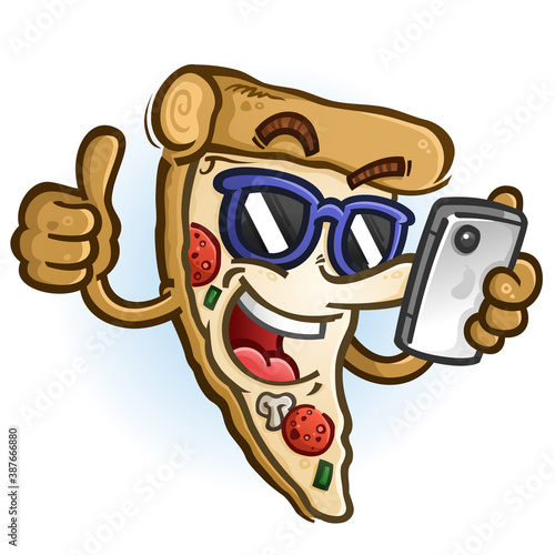 A cheerful cartoon pizza character with a big smile ordering pizza on checking his news feed on a smart phone, wearing sunglasses and giving a big thumbs up