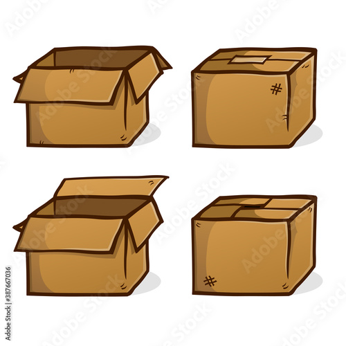 Four various cardboard boxes drawn in a cartoon illustration style, open, closed and sealed versions
