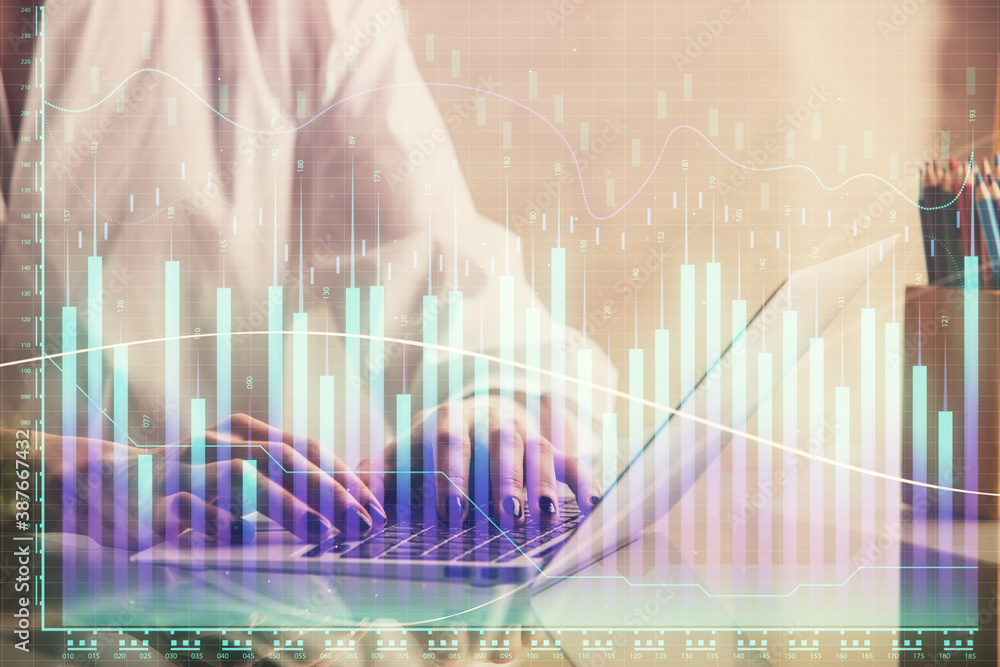 Double exposure of woman hands typing on computer and forex chart hologram drawing. Stock market invest concept. Double exposure of woman hands typing on computer and forex chart hologram drawing. Stock market invest concept.