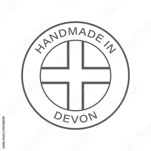 "Handmade in Devon" icon, vector with transparency. With county flag/emblem in the middle.