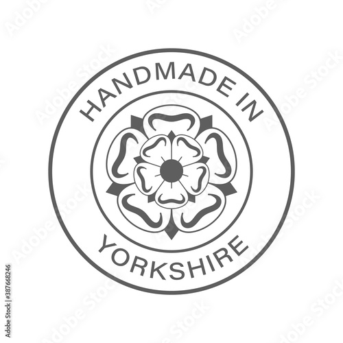 "Handmade in Yorkshire" icon, vector with transparency. With county flag/emblem in the middle.