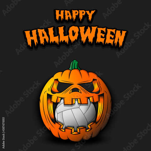 Happy Halloween. Volleyball ball inside frightening pumpkin. The pumpkin swallowed the ball with burning eyes. Design template for banner, poster, greeting card, party invitation. Vector illustration