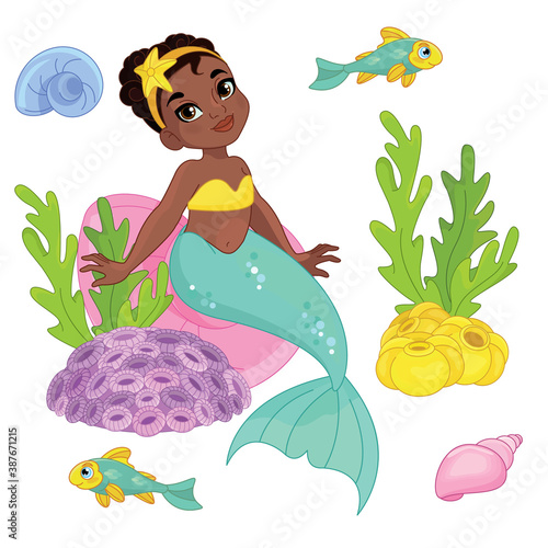 Cartoon mermaid and sea life set, vector illustration