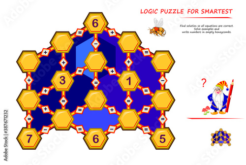 Math logic puzzle game for smartest. Find solution so all equations are correct. Solve examples and write numbers in empty honeycombs. Page for brain teaser book. Memory training exercises.
