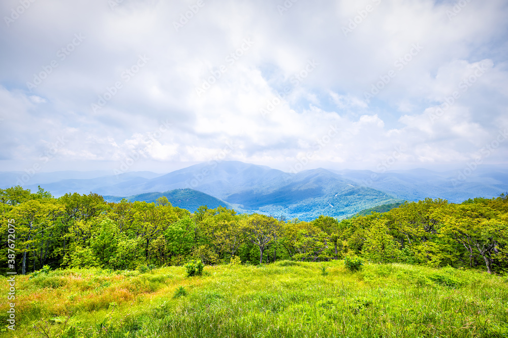 Devil's Knob Overlook green grass field meadow at Wintergreen resort town village in Blue Ridge mountains in summer clouds mist fog