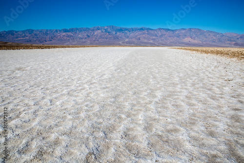The salt bed of Badwater Basin, the lowest point in North America at -282 feet, in Death Valley National Park in California.
