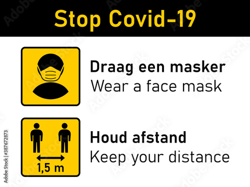 Bilingual Stop Covid-19 Rules Icon Set in Spanish and English including Draag een masker (Wear a Face Mask) and Houd afstand (Keep Your Distance) 1,5 m or 1,5 Metres. Vector Image.