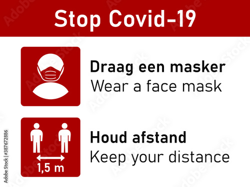 Bilingual Stop Covid-19 Rules Icon Set in Spanish and English including Draag een masker (Wear a Face Mask) and Houd afstand (Keep Your Distance) 1,5 m or 1,5 Metres. Vector Image.