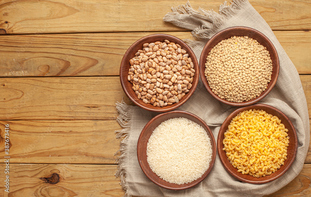 assortment grains beans lentils rise pasta rustic background assortment grains beans lentils rise pasta rustic background