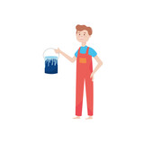 cartoon builder man holding a paint can, flat style