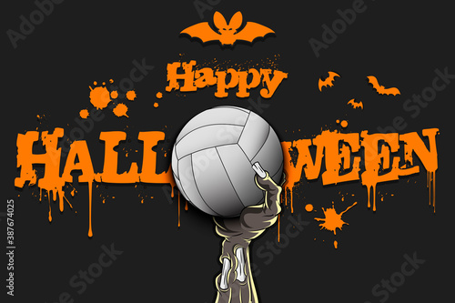 Happy Halloween. Zombie hand is holding a volleyball ball. Template volleyball design. Grunge style. Pattern for banner, poster, greeting card, flyer, party invitation. Vector illustration