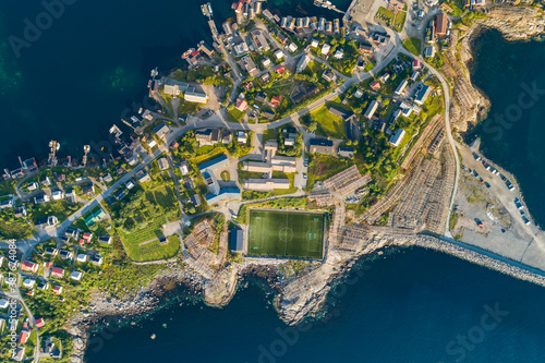 Close up parts of Reine fishing village in Lofoten, Northern Norway. Captured from above.