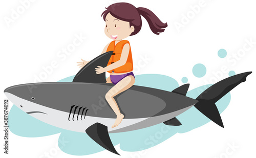 Girl riding on shark cartoon style isolated on white background
