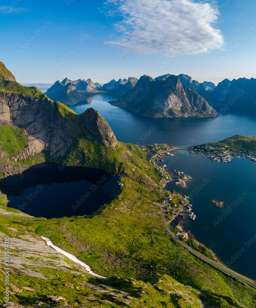 Aerial view of town Reine and Reinebringen on Norway, Lofoten islands.