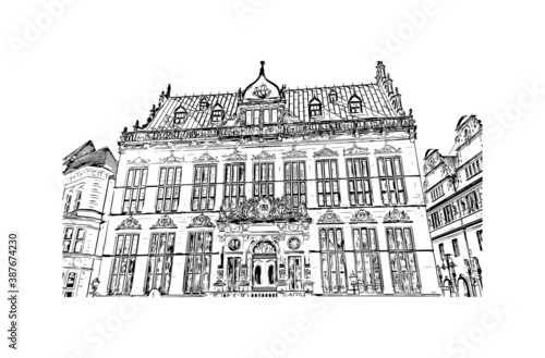 Building view with landmark of Bremen is a city straddling the Weser River in northwest Germany. Hand drawn sketch illustration in vector.