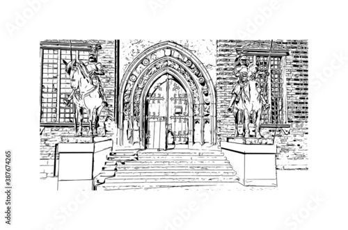 Building view with landmark of Bremen is a city straddling the Weser River in northwest Germany. Hand drawn sketch illustration in vector.