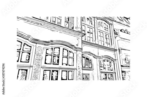 Building view with landmark of Bremen is a city straddling the Weser River in northwest Germany. Hand drawn sketch illustration in vector.