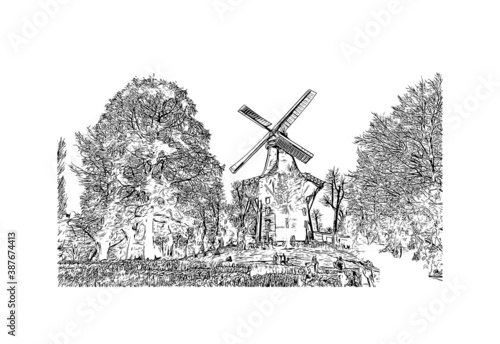 Building view with landmark of Bremen is a city straddling the Weser River in northwest Germany. Hand drawn sketch illustration in vector.
