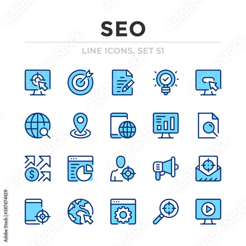 SEO vector line icons set. Thin line design. Outline graphic elements, simple stroke symbols. SEO icons