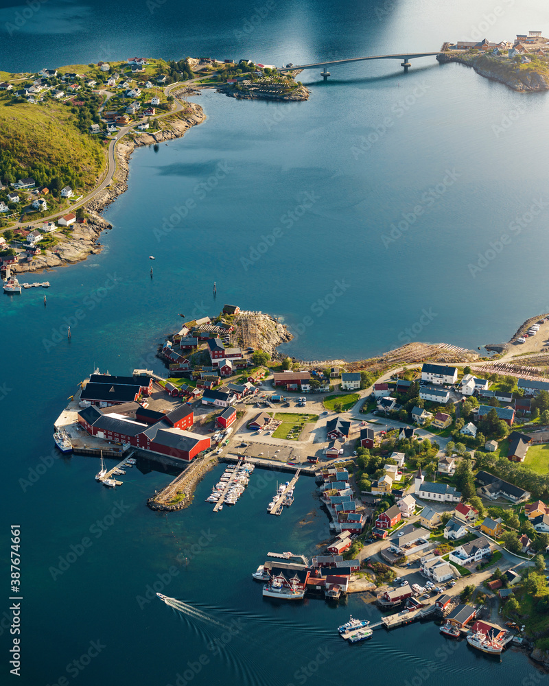 Close up parts of Reine fishing village in Lofoten, Northern Norway.  Captured from above.