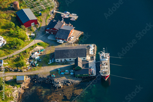 Close up parts of Reine fishing village in Lofoten, Northern Norway. Captured from above.