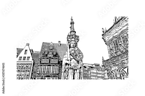 Building view with landmark of Bremen is a city straddling the Weser River in northwest Germany. Hand drawn sketch illustration in vector.