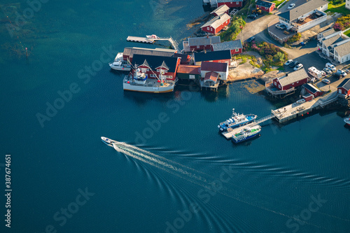 Close up parts of Reine fishing village in Lofoten, Northern Norway. Captured from above.