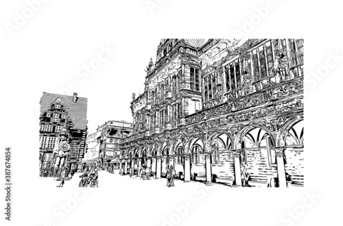 Building view with landmark of Bremen is a city straddling the Weser River in northwest Germany. Hand drawn sketch illustration in vector.