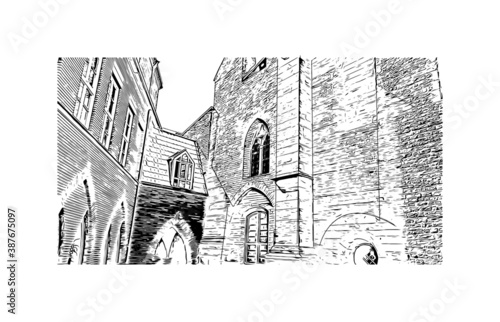 Building view with landmark of Bremen is a city straddling the Weser River in northwest Germany. Hand drawn sketch illustration in vector.