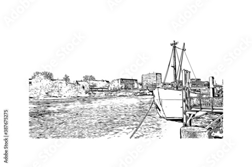 Building view with landmark of Bremen is a city straddling the Weser River in northwest Germany. Hand drawn sketch illustration in vector.