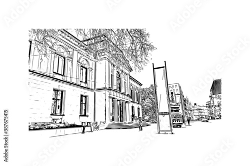 Building view with landmark of Bremen is a city straddling the Weser River in northwest Germany. Hand drawn sketch illustration in vector.