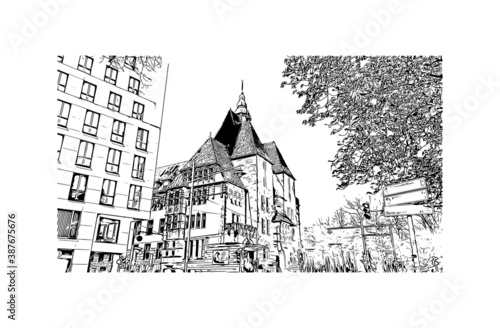Building view with landmark of Bremen is a city straddling the Weser River in northwest Germany. Hand drawn sketch illustration in vector.
