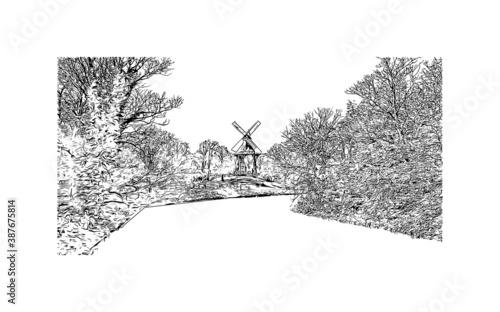 Building view with landmark of Bremen is a city straddling the Weser River in northwest Germany. Hand drawn sketch illustration in vector.