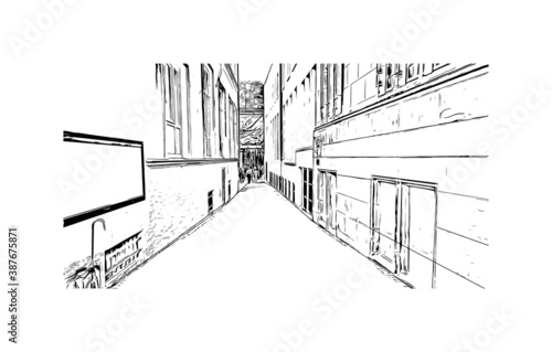 Building view with landmark of Bremen is a city straddling the Weser River in northwest Germany. Hand drawn sketch illustration in vector.