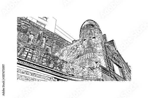 Building view with landmark of Bremen is a city straddling the Weser River in northwest Germany. Hand drawn sketch illustration in vector.