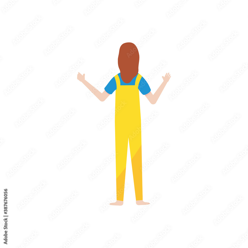 back view of a woman standing wearing yellow overall, flat style back view of a woman standing wearing yellow overall, flat style
