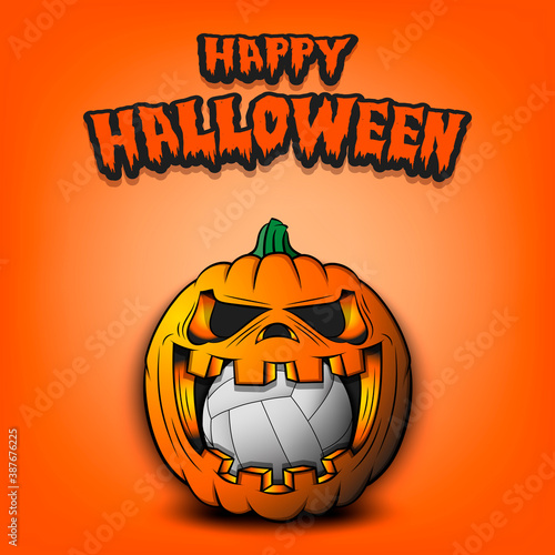 Happy Halloween. Volleyball ball inside frightening pumpkin. The pumpkin swallowed the ball with burning eyes. Design template for banner, poster, greeting card, party invitation. Vector illustration