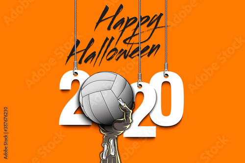 Happy Halloween. Numbers 2020 year hanging on strings and zombie hand is holding a volleyball ball.  Pattern for banner, poster, greeting card, flyer, party invitation. Vector illustration