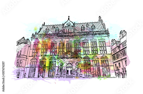 Building view with landmark of Bremen is a city straddling the Weser River in northwest Germany. Watercolor splash with hand drawn sketch illustration in vector.