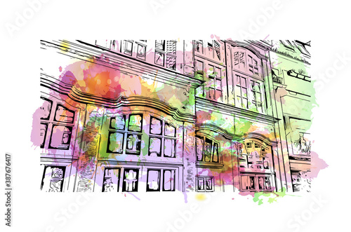 Building view with landmark of Bremen is a city straddling the Weser River in northwest Germany. Watercolor splash with hand drawn sketch illustration in vector.