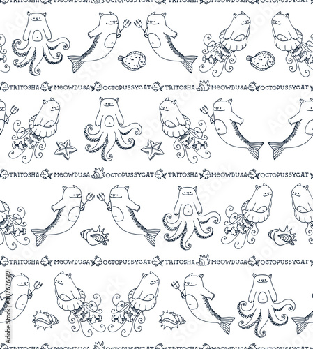 seamless pattern of cute cats, octopus, jellyfish, triton, seashell, funny sea monsters, vector illustration with blue ink contour lines isolated on a white background in a doodle & hand drawn style