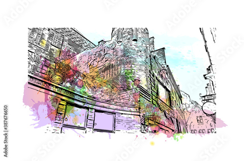 Building view with landmark of Bremen is a city straddling the Weser River in northwest Germany. Watercolor splash with hand drawn sketch illustration in vector.