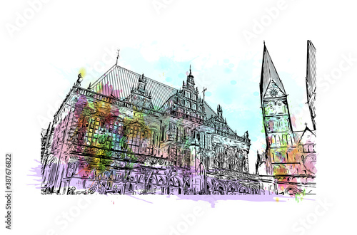 Building view with landmark of Bremen is a city straddling the Weser River in northwest Germany. Watercolor splash with hand drawn sketch illustration in vector.