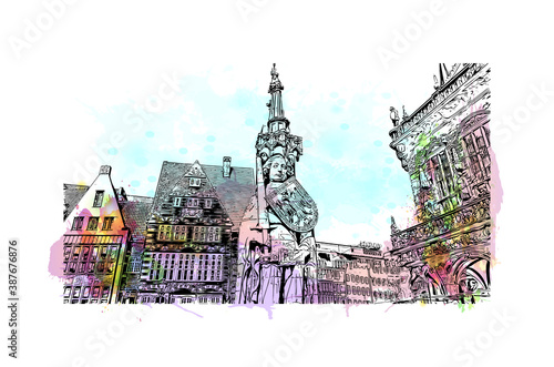 Building view with landmark of Bremen is a city straddling the Weser River in northwest Germany. Watercolor splash with hand drawn sketch illustration in vector.