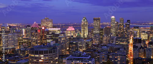 Aerial view of Montreal skyline in autumn illuminated at dusk  Quebec  Canada