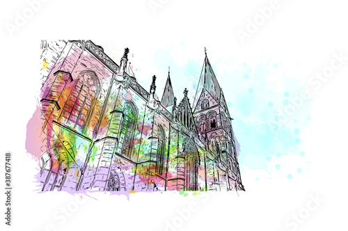 Building view with landmark of Bremen is a city straddling the Weser River in northwest Germany. Watercolor splash with hand drawn sketch illustration in vector.