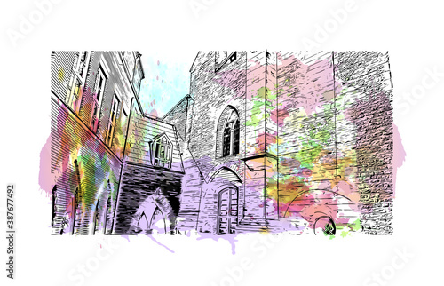 Building view with landmark of Bremen is a city straddling the Weser River in northwest Germany. Watercolor splash with hand drawn sketch illustration in vector.