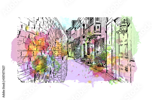 Building view with landmark of Bremen is a city straddling the Weser River in northwest Germany. Watercolor splash with hand drawn sketch illustration in vector.